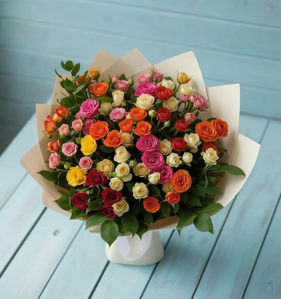 Букет Микс из разноцветных кустовых роз в Пригородном