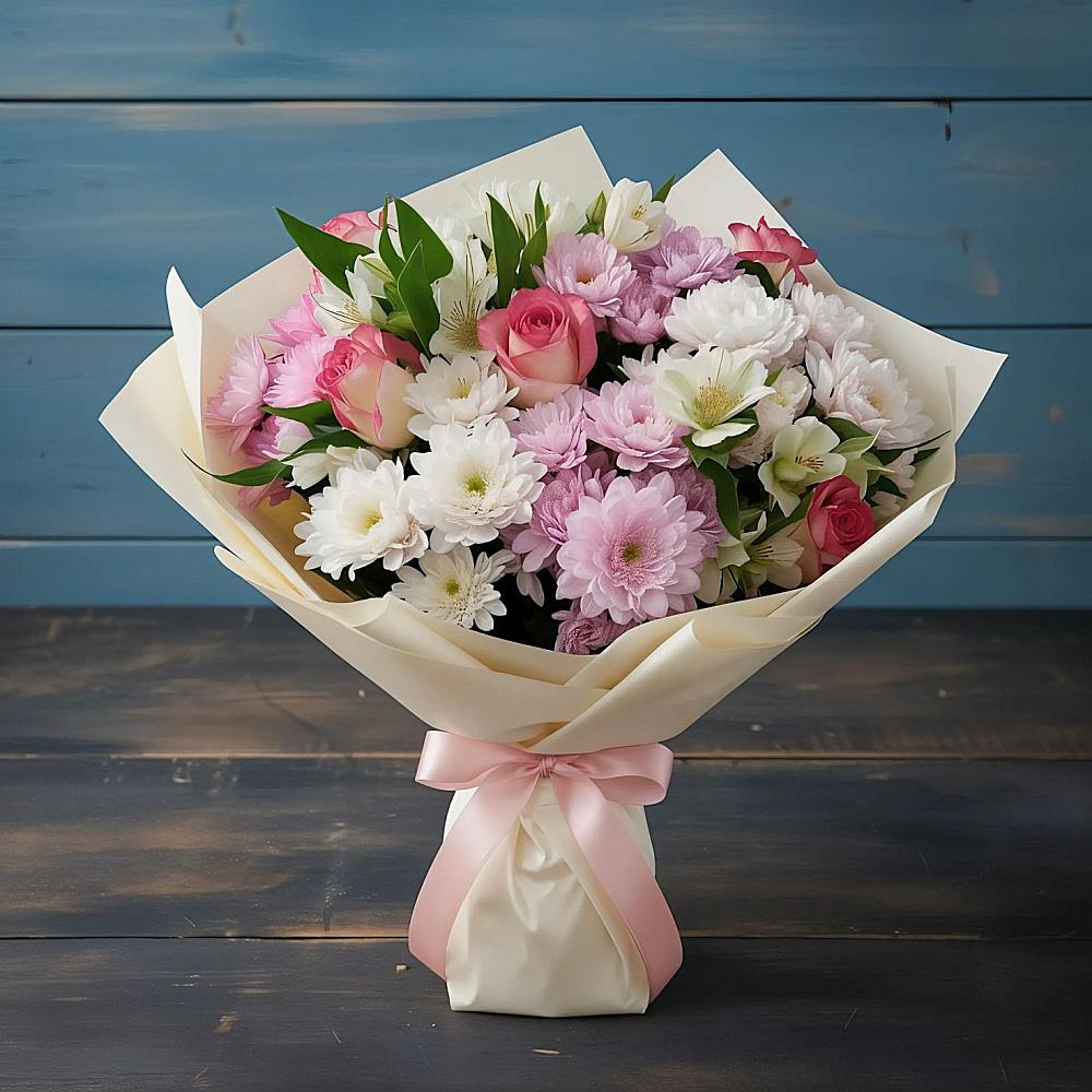 Букет цветов из: Хризантемы, Альстромерии и Розы в Пригородном